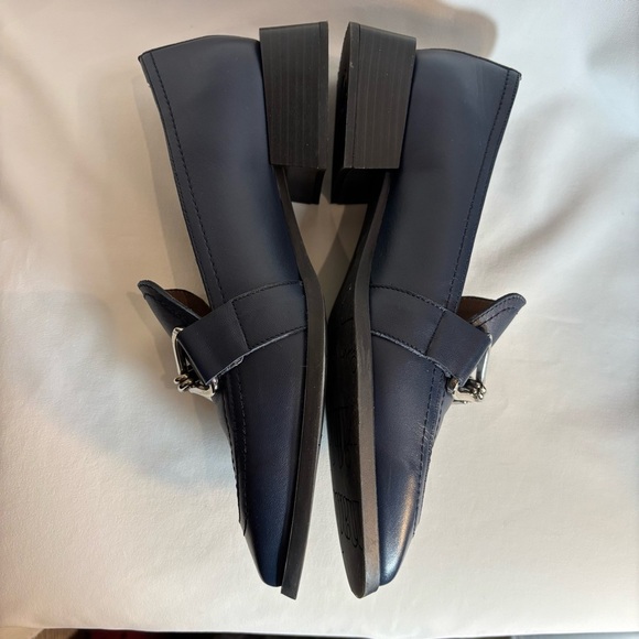 WONDERS Sz 38 Navy Blue Leather Classic Loafers Silver Toned Link Square Toe - Picture 7 of 11
